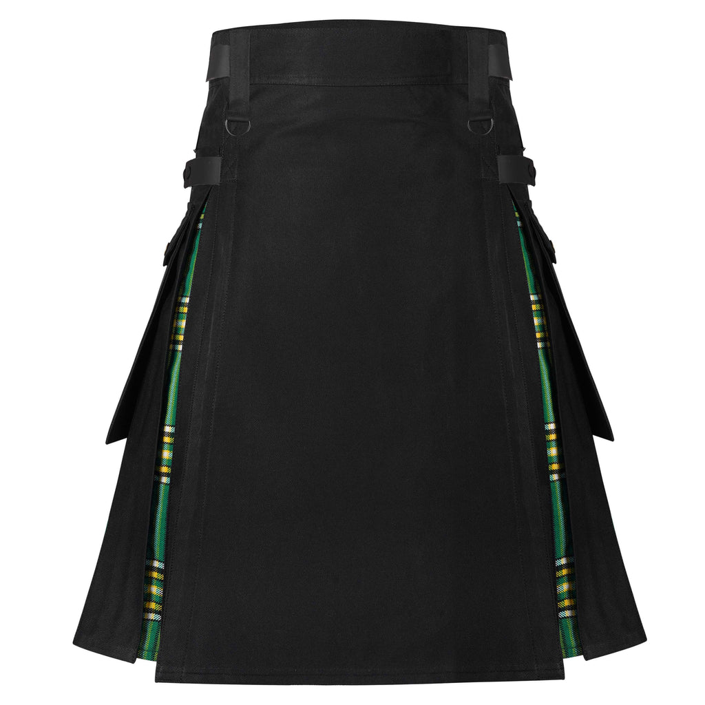 Scottish Style Hybrid Utility Iresh Kilt for Men – Plus Size Black Cotton, Tartan Wool Panels (Copy)