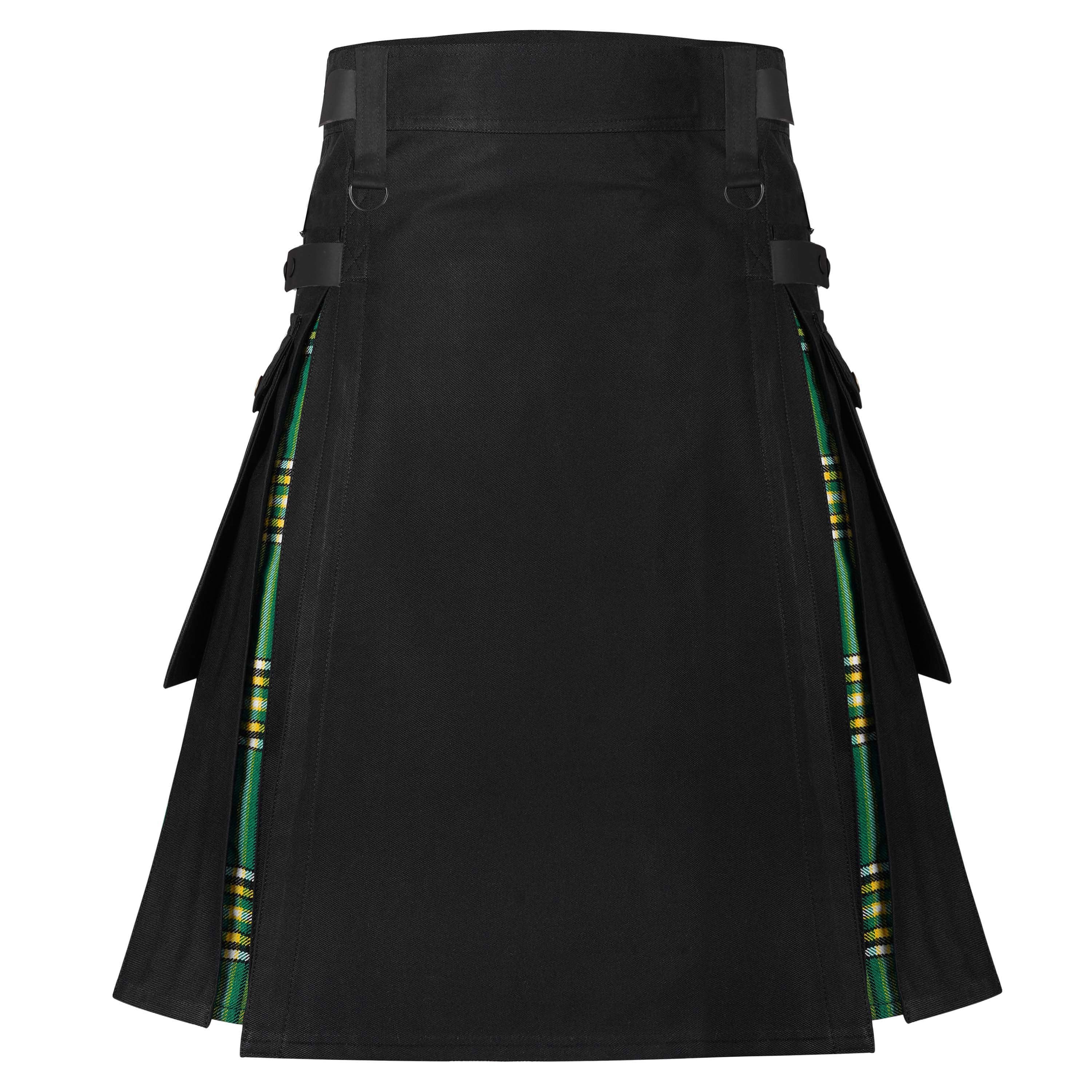 Scottish Style Hybrid Utility Iresh Kilt for Men – Plus Size Black Cotton, Tartan Wool Panels (Copy)