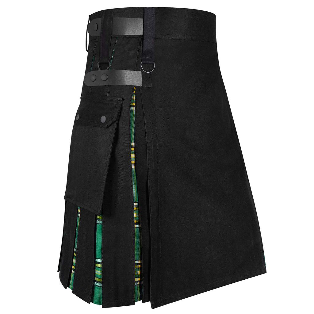 Scottish Style Hybrid Utility Iresh Kilt for Men – Plus Size Black Cotton, Tartan Wool Panels (Copy)