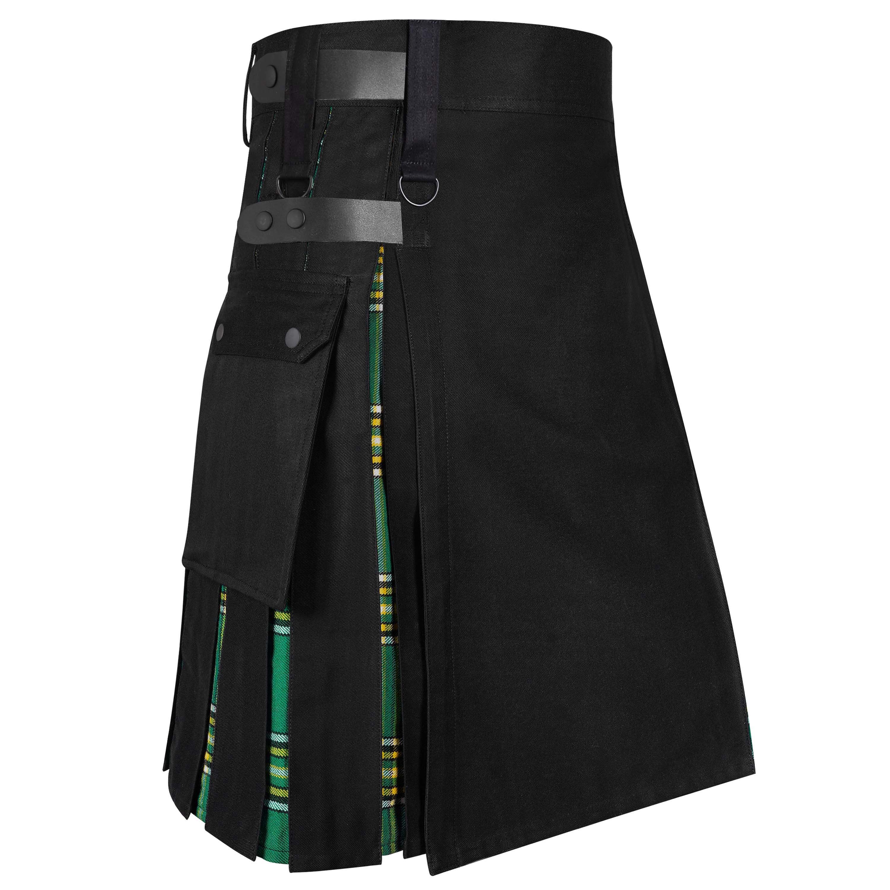 Scottish Style Hybrid Utility Iresh Kilt for Men – Plus Size Black Cotton, Tartan Wool Panels (Copy)