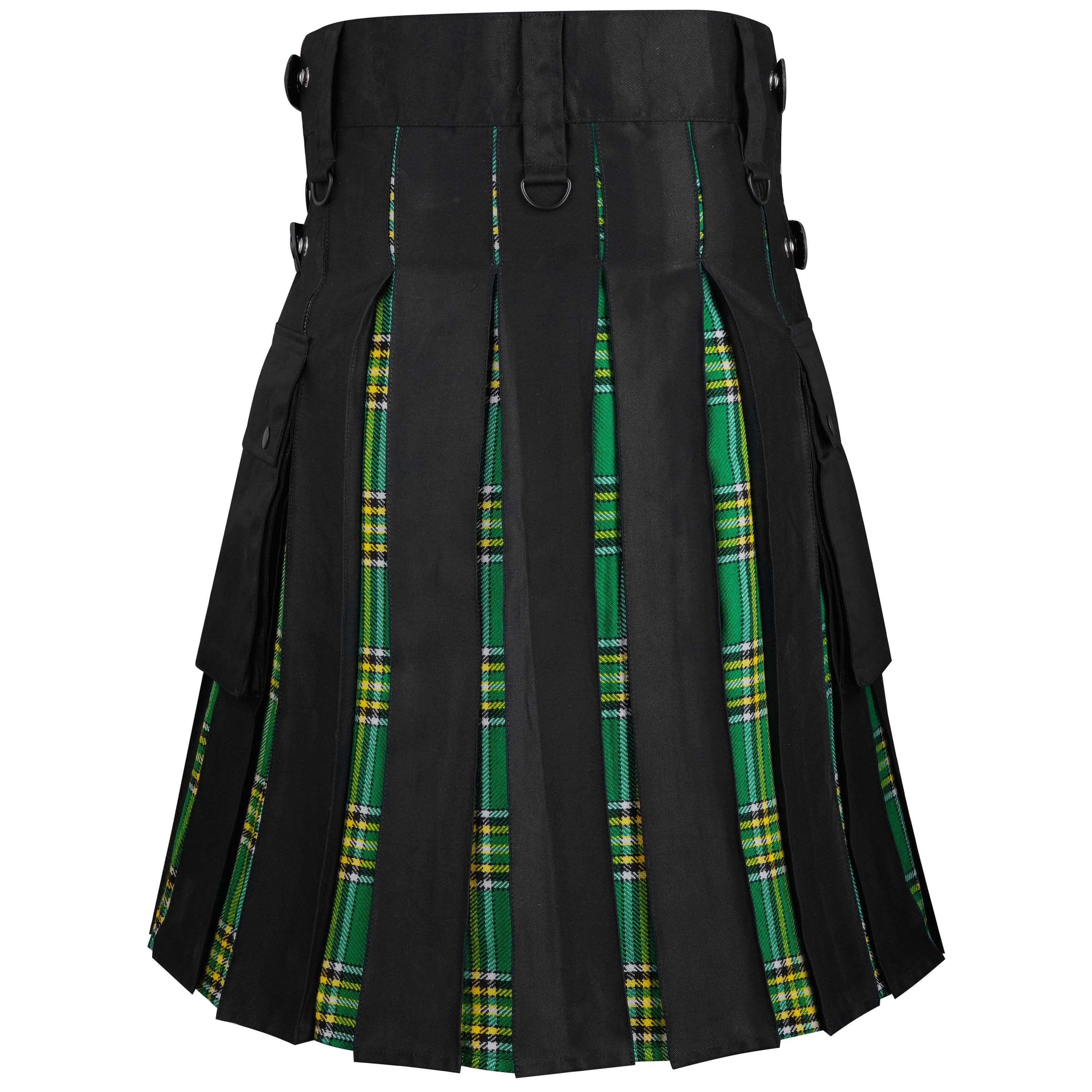 Scottish Style Hybrid Utility Iresh Kilt for Men – Plus Size Black Cotton, Tartan Wool Panels (Copy)