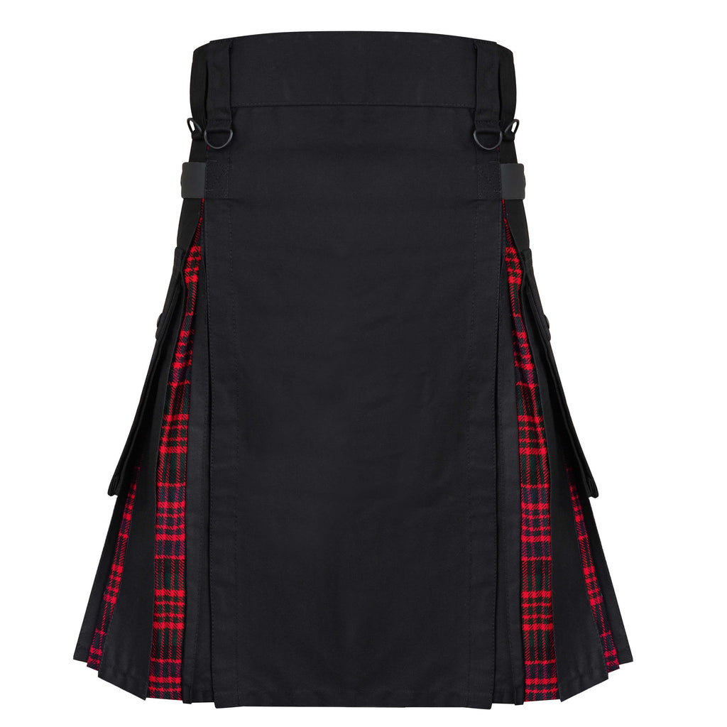 Scottish Style Hybrid Utility Wallace Kilt for Men – Plus Size Black Cotton, Tartan Wool Panels