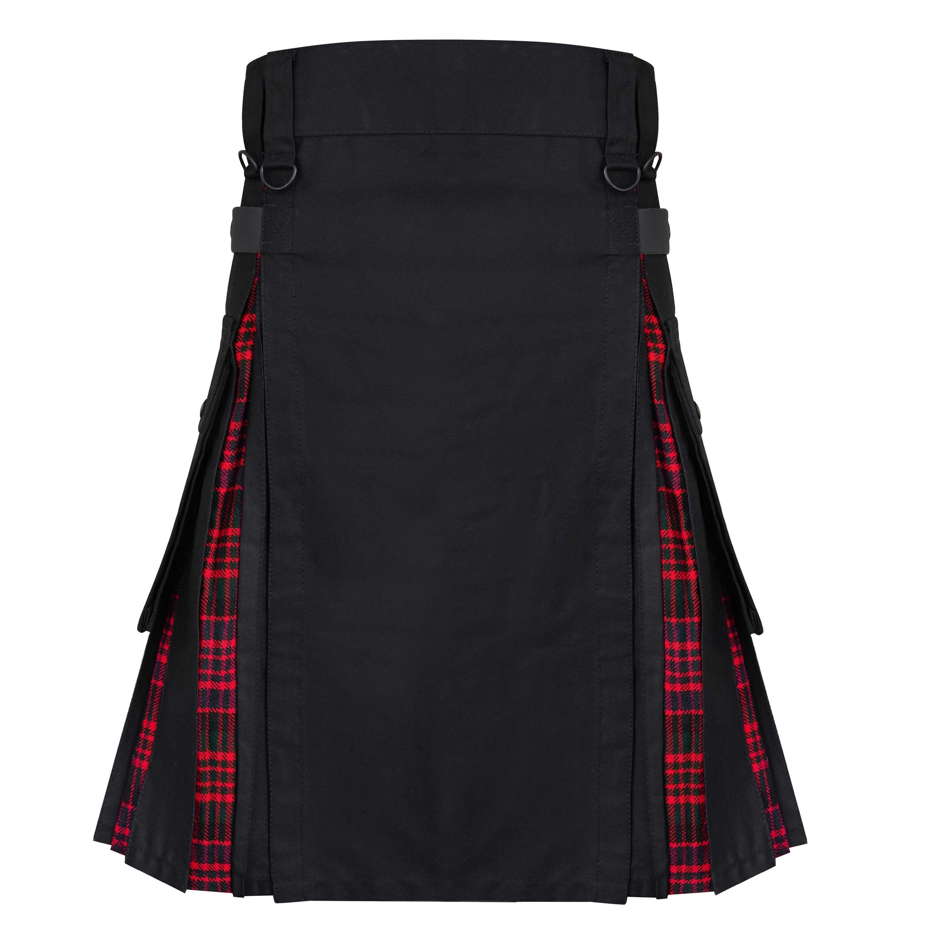 Scottish Style Hybrid Utility Wallace Kilt for Men – Plus Size Black Cotton, Tartan Wool Panels