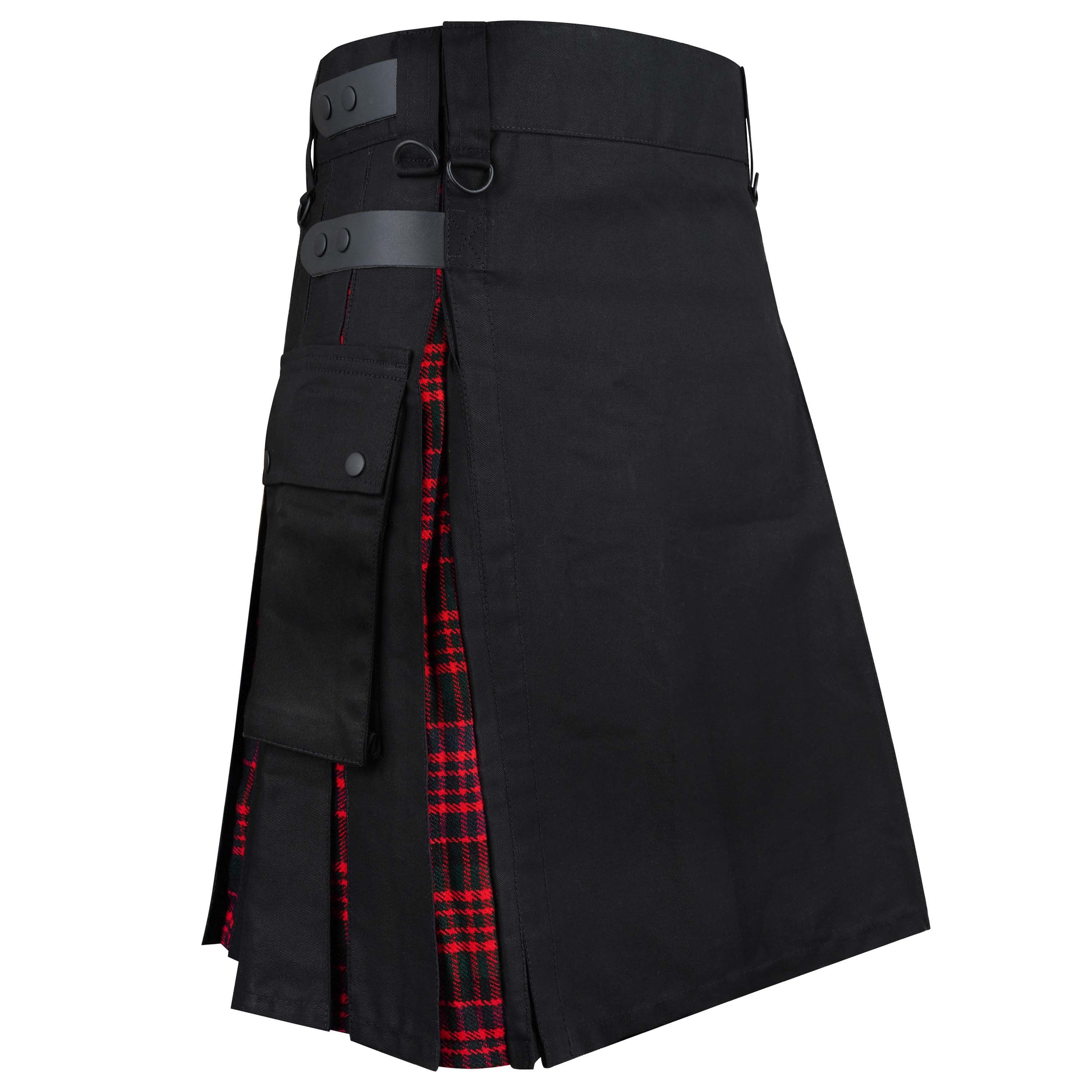 Scottish Style Hybrid Utility Wallace Kilt for Men – Plus Size Black Cotton, Tartan Wool Panels