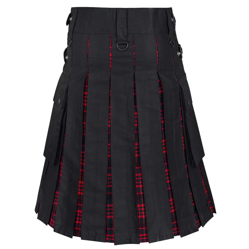 Scottish Style Hybrid Utility Wallace Kilt for Men – Plus Size Black Cotton, Tartan Wool Panels