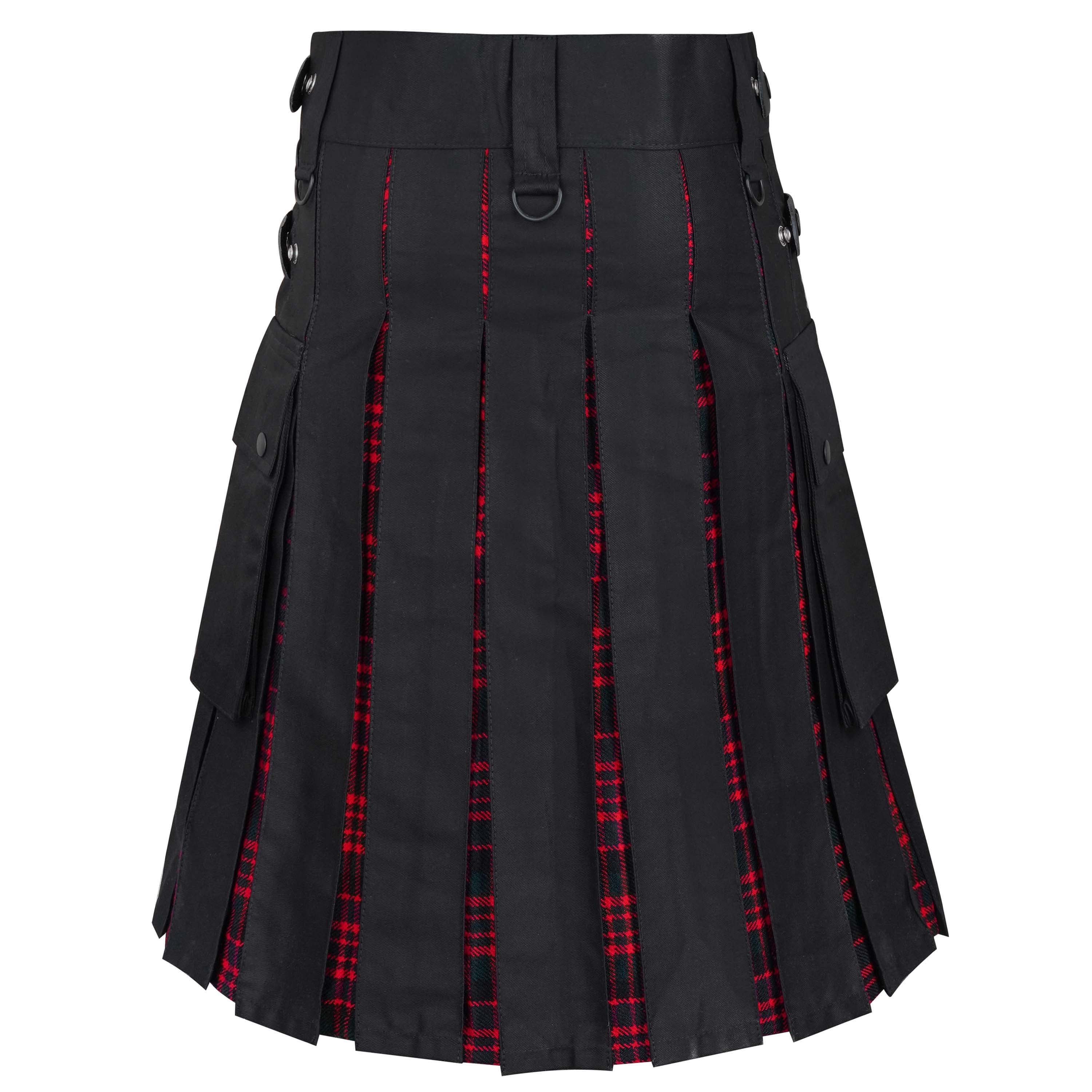 Scottish Style Hybrid Utility Wallace Kilt for Men – Plus Size Black Cotton, Tartan Wool Panels