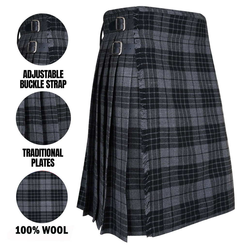 Men's Scottish Traditional 5 Yard Grey Watch Tartan Kilt, Highland Wedding Wool Kilts