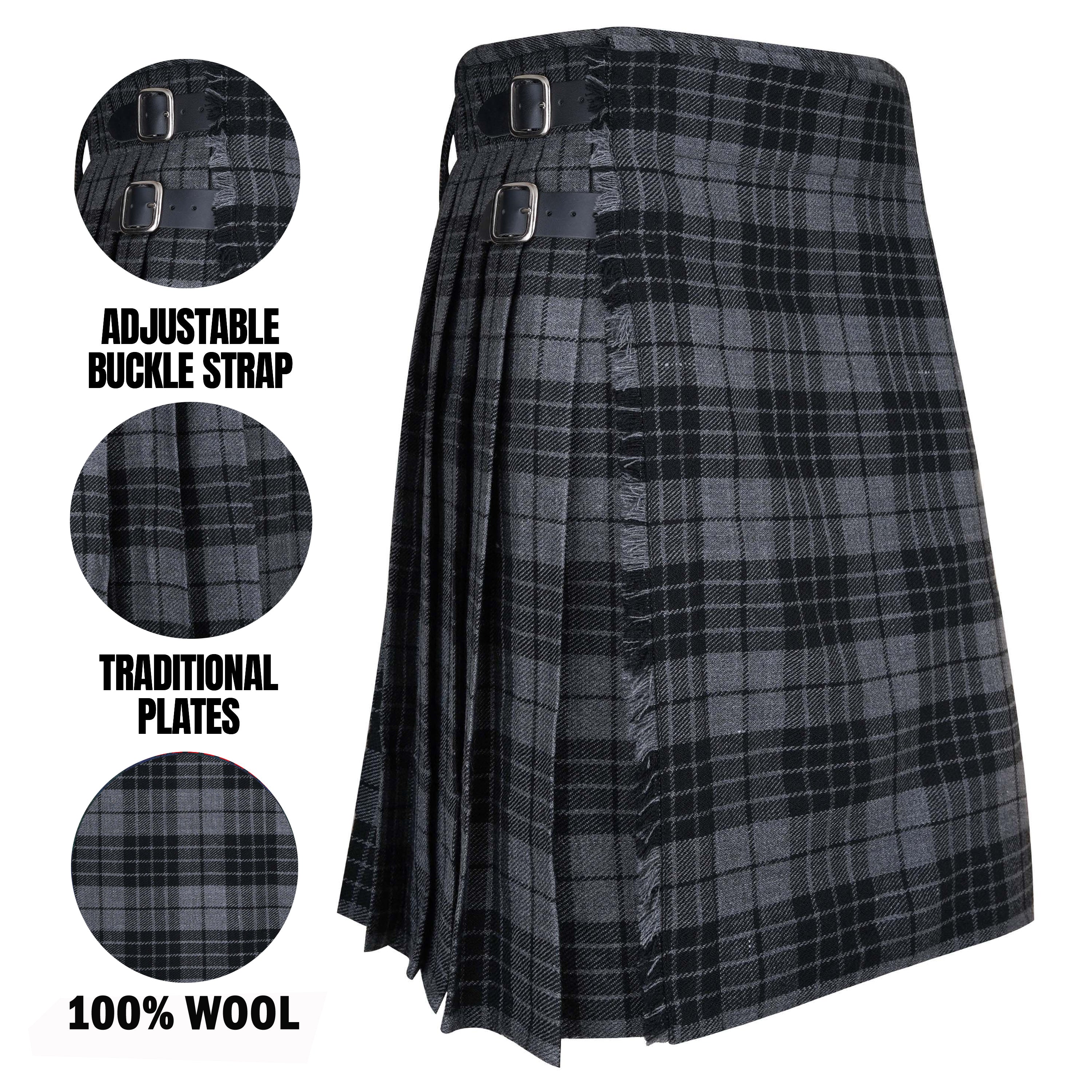 Men's Scottish Traditional 5 Yard Grey Watch Tartan Kilt, Highland Wedding Wool Kilts