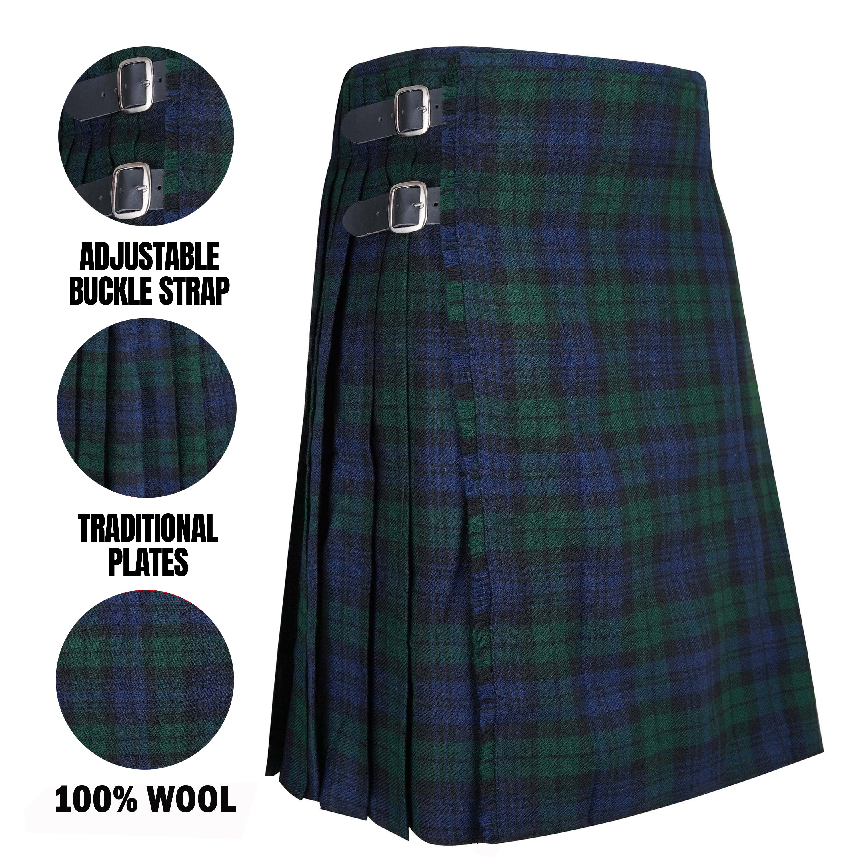 Men's Scottish Traditional 5 Yard Black Watch Tartan Kilt, Highland Wedding Wool Kilt